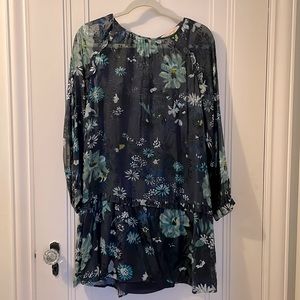 LOFT Winter Garden Flounce Dress, navy with floral print, sheer with slip dress